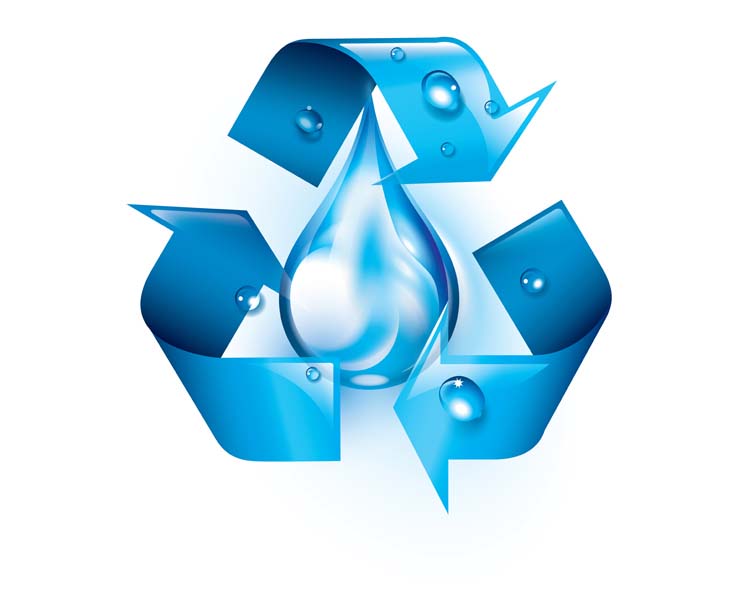 A blue water droplet with recycling arrows surrounding